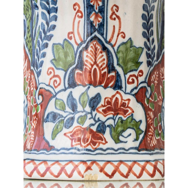 Metal Dutch Delft Table Lamps with New Olive Velvet Drum Lampshades by Makkum, 1940s, Set of 2 For Sale - Image 7 of 17