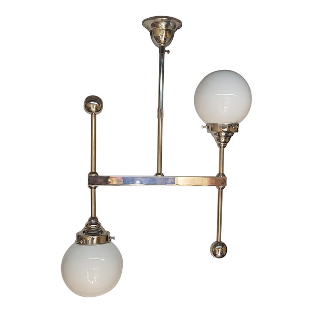 1940s Vintage Art Deco Bauhaus Old Fixture Ceiling Nickel Brass Hanging Light Milk Glass Shade Lamp For Sale