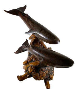 1970s Hand Carved and Polished Dark Brown Ironwood Burl 2 Whale Figurine