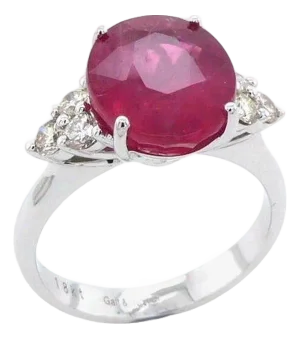 Round Rubellite Pink Tourmaline Diamond Three Stone 18 Karat White Gold Ring, Size 6.5