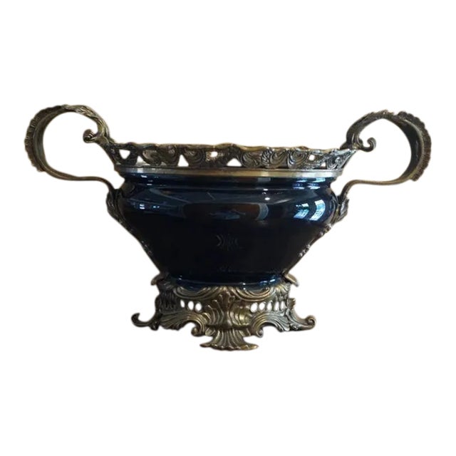 1900s Louis XV Style Bronze Mounted Black Glass Bowl For Sale