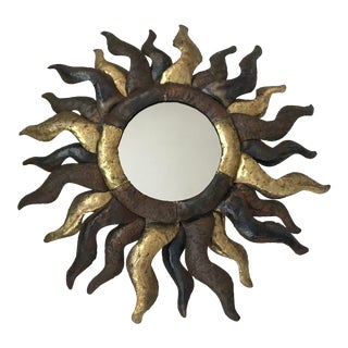 Vintage Brutalist Large Metal Sunburst Wall Mirror For Sale