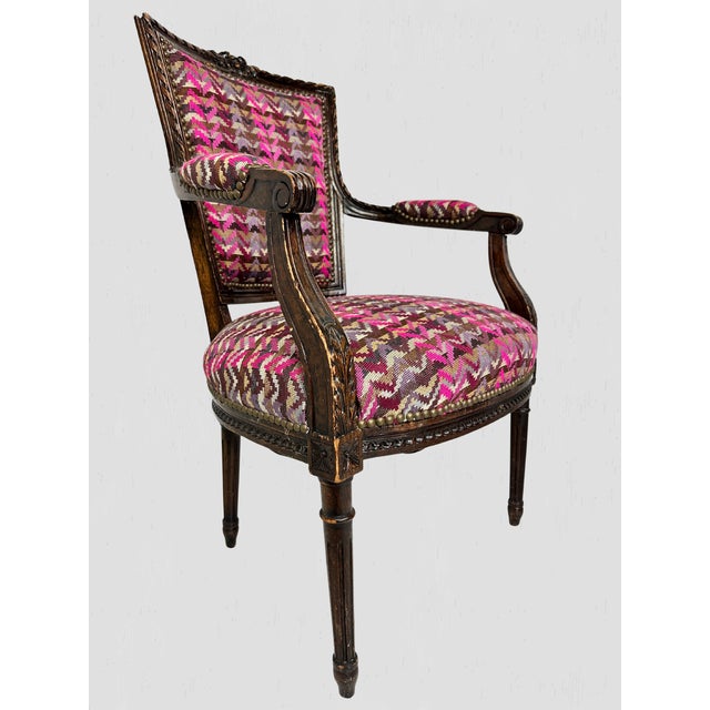 Early 20th Century French Mahogany Square Back Chair Pair Pink Velvet Magenta Purple Petit Point For Sale - Image 5 of 17