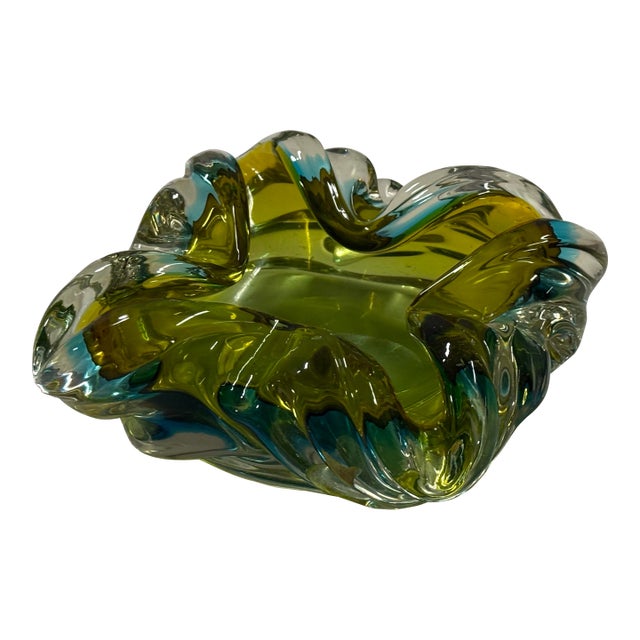 Murano Style Hand Blown Green With Blue Ashtray For Sale