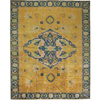 Handwoven Yellow/Blue Traditional Indian Agra Area Rug 12'4" X 15'4" For Sale