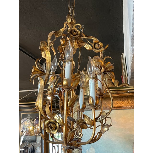 Vintage 1960s Italian Mid Century Hollywood Regency Six Light Gilt Floral Chandelier For Sale - Image 11 of 13