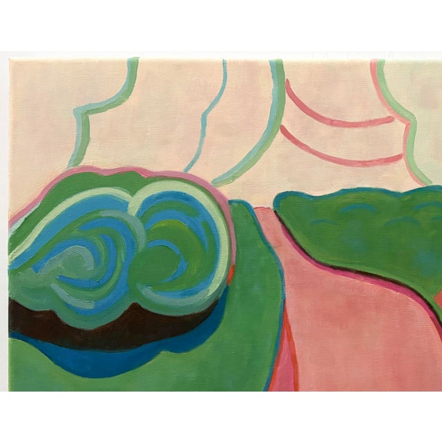 An abstract landscape that leads one on a path of color in hues of pinks, coral, peach, leafy greens, celadon, and teal....
