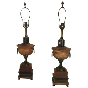 Pair of Early 20th Century Frederick Cooper Metal and Wooden Lamps