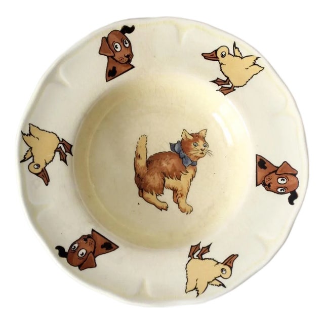Vintage 1930s Mount Clemens Pottery Illustrated Dish With Cat For Sale