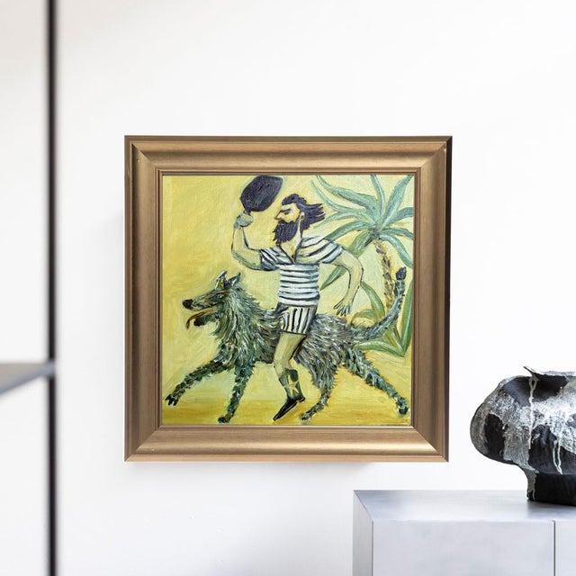 Original Pickleball Player & Wolf Painting in Brushed Gold Frame, Oil on Canvas, 15" X 15" by Tatiana Duperault For Sale - Image 4 of 6