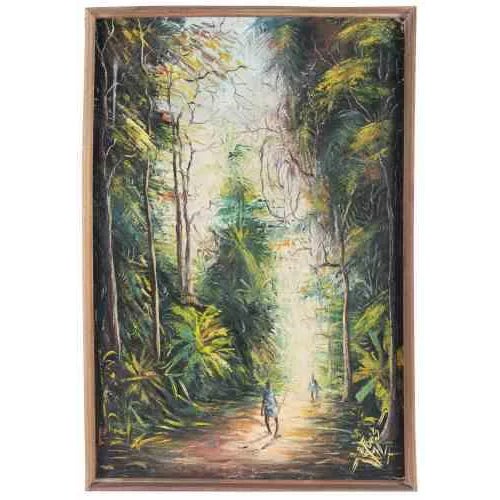 A, Luis, African Landscape with Figures, Oil on Canvas For Sale