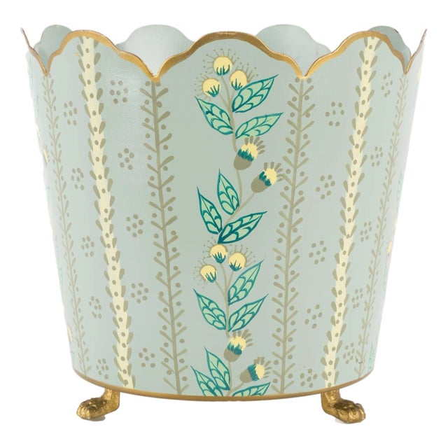 Green & Gold Floral Scalloped Bucket Tole Planter, Large For Sale