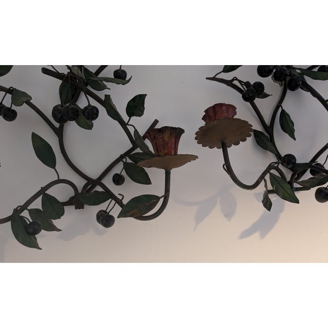 Dark Green Pair of Antique Italian Wall Sconces;Toleware and Iron; Leaf and Branch Design For Sale - Image 8 of 9