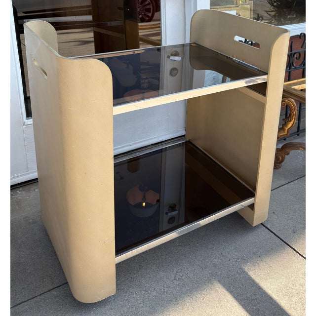 1980s Karl Springer Style Lizard Skin Leather Class Cocktail Bar Cart For Sale In Los Angeles - Image 6 of 11