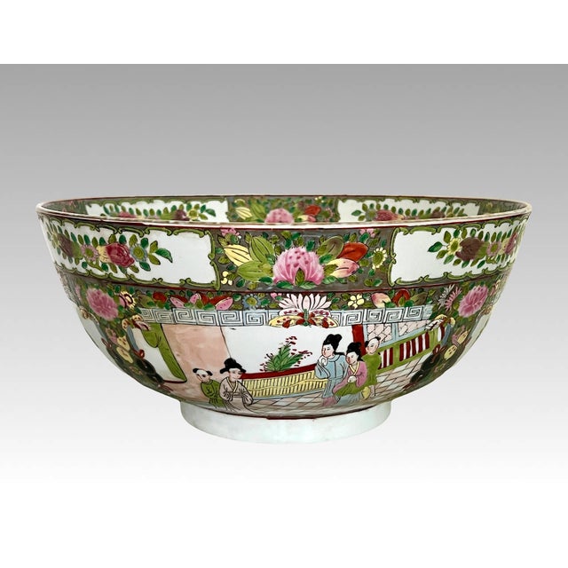 Large Old Rose Mandarin / Medallion Chinese Porcelain Export Punch Bowl, Wood Stand & Auspicious Objects & Gilt Work, Signed, 14" For Sale - Image 4 of 15