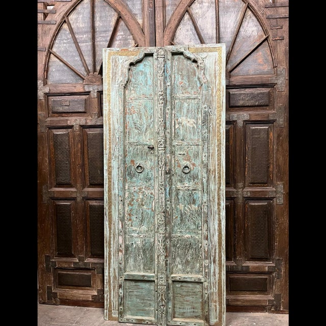 1920s Antique Indian Carved Double Doors With Hand-Forged Brass Rustic Teak Entry Doors 81.5 For Sale - Image 5 of 6