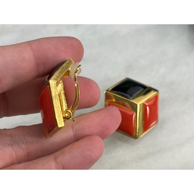 1980s 1980s Givenchy Earrings: Vintage Orange & Black Enamel Gold Tone Cubes, A Pair For Sale - Image 5 of 8