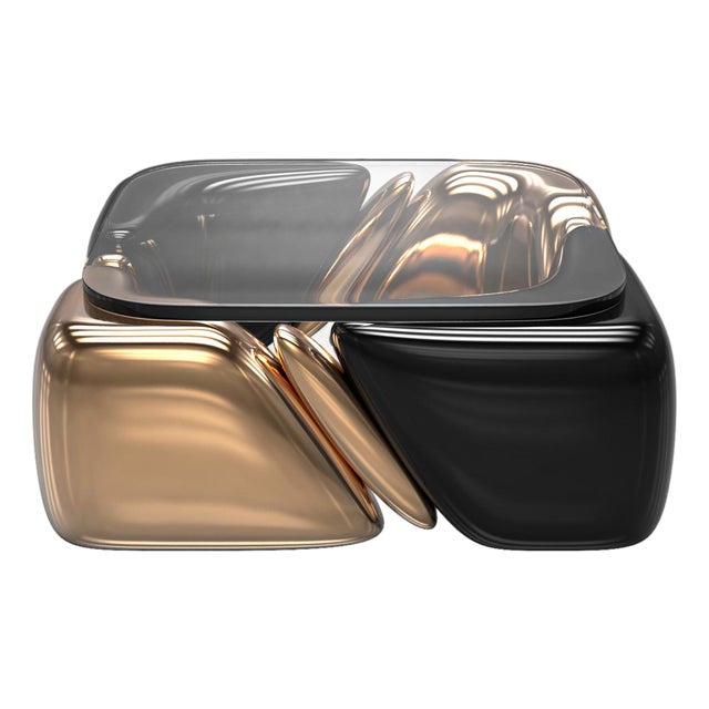 "Populaire" Coffee Table With Bronze, Stainless Steel, Handmade For Sale