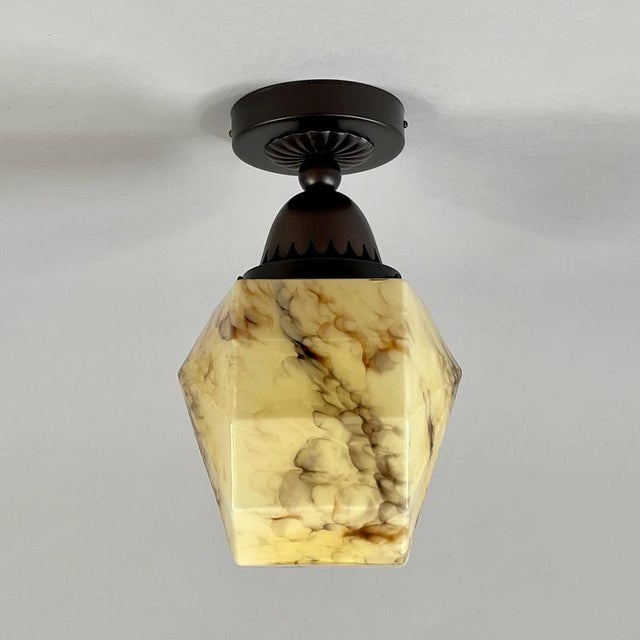 Art Deco Marbled Opaline Glass and Burnished Brass Flush Mount, Germany, 1920s For Sale - Image 4 of 18
