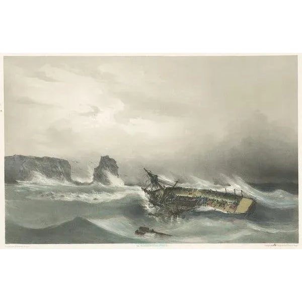 Antique print titled 'La Bellone. Stranded across the Lame'. This print depicts a stranded French ship near the Bay of...