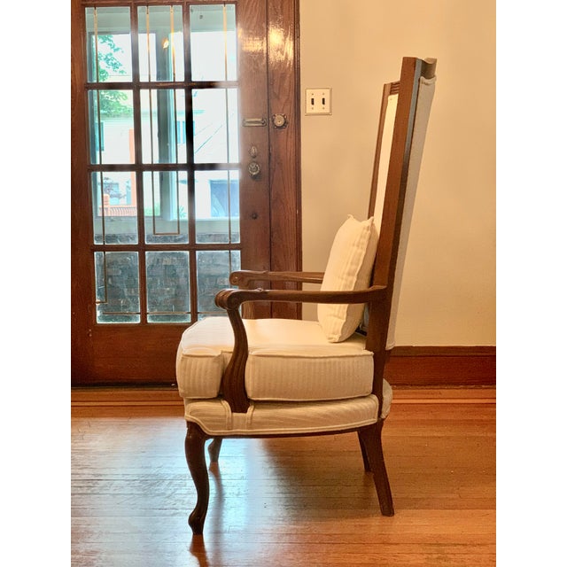 Traditional Mid-20th Century Carved Solid Wood and Upholstered High Back Chairs - a Pair For Sale - Image 3 of 12