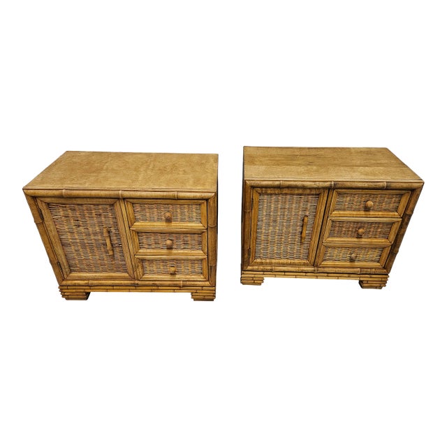 1970s American of Martinsville Rattan Night Stands - a Pair For Sale