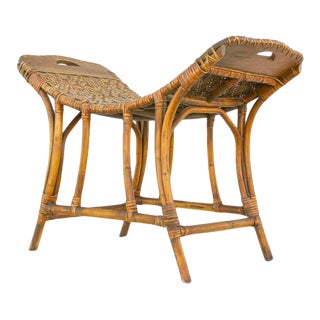 1950s Mid Century Modern Chinoiserie Curved Bamboo Rattan Bench For Sale