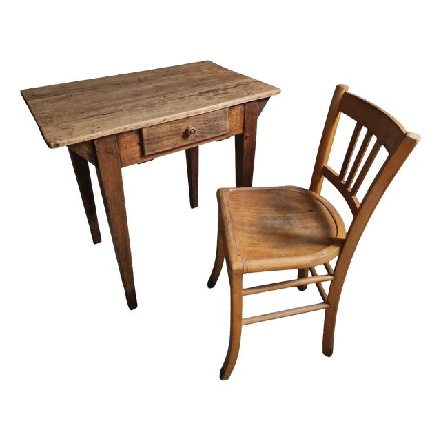 Antique French Worktable and Bistro Chair, 1900s and 1950, Set of 2 For Sale