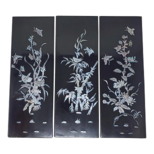 Vintage - 3 Japanese Shibayama Wall Hanging Panels Wood Black Lacquer Mother of Pearl