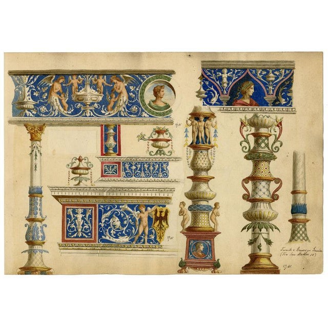 Josef Kott, Painted Facade of a House in Genoa via San Matteo 10, 1800s, Graphite and Paper For Sale - Image 4 of 7