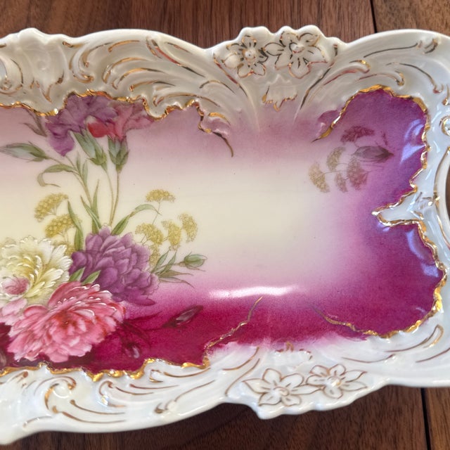 Antique p.t. Germany Tettau Porcelain Celery Dish, Magenta Floral Relish Tray, Circa 1902 For Sale - Image 4 of 12