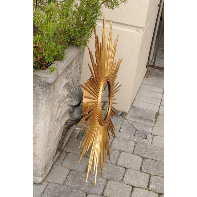 Mid-Century Modern Vintage French Gilt Metal Sunburst Flush Mount Light Fixture from the 1950s For Sale - Image 3 of 11