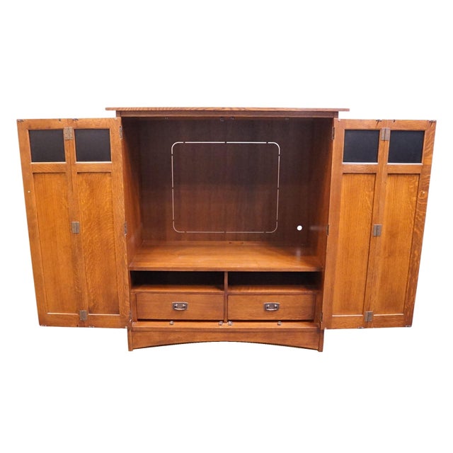 Late 20th Century Stickley Furniture Harvey Ellis Solid Cherry Arts & Crafts Mission Style 51" Media Cabinet 89-1146 - #32 Onondaga Finish For Sale - Image 5 of 13
