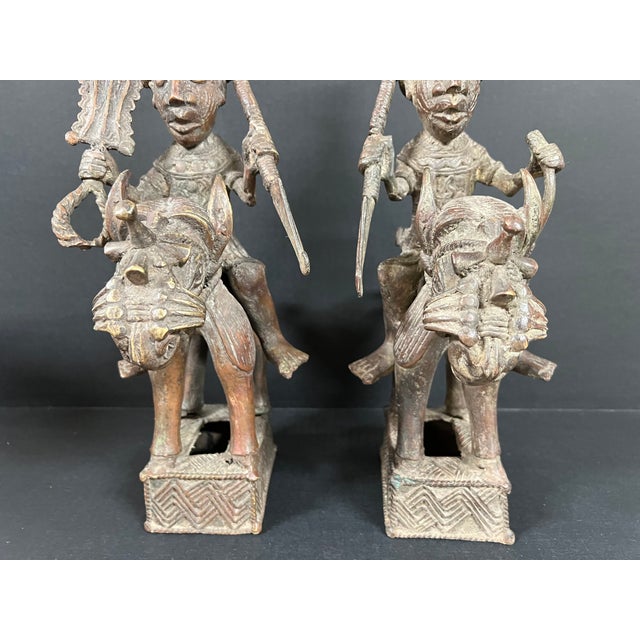 Pair of African Tribal Art Benin Bronze Warrior Figures on Horseback For Sale In New York - Image 6 of 16