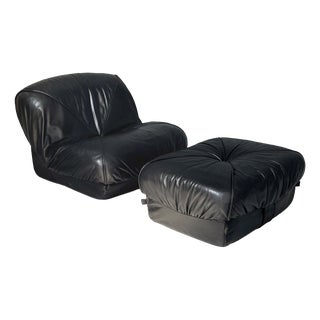 Set of Space Age French Black Leather Armchair Ottoman from Airborne, 1970s For Sale