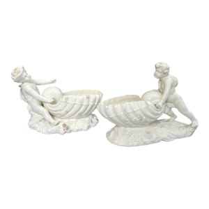 Large Vintage Signed Staffordshire Style Cherubs and Shell Bowls Cache Pot Vases After Minton Royal Crown Derby - A Pair