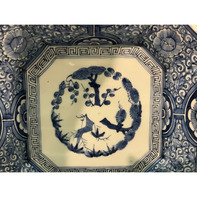 Antique Japanese Blue and White Arita Porcelain Octagonal Plate With Avian Motif For Sale - Image 4 of 15
