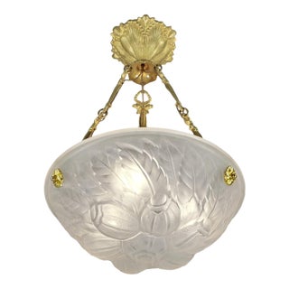 Noverdy Vosges French Art Deco Pendant Chandelier 1920s - Frosted Glass & Bronze For Sale