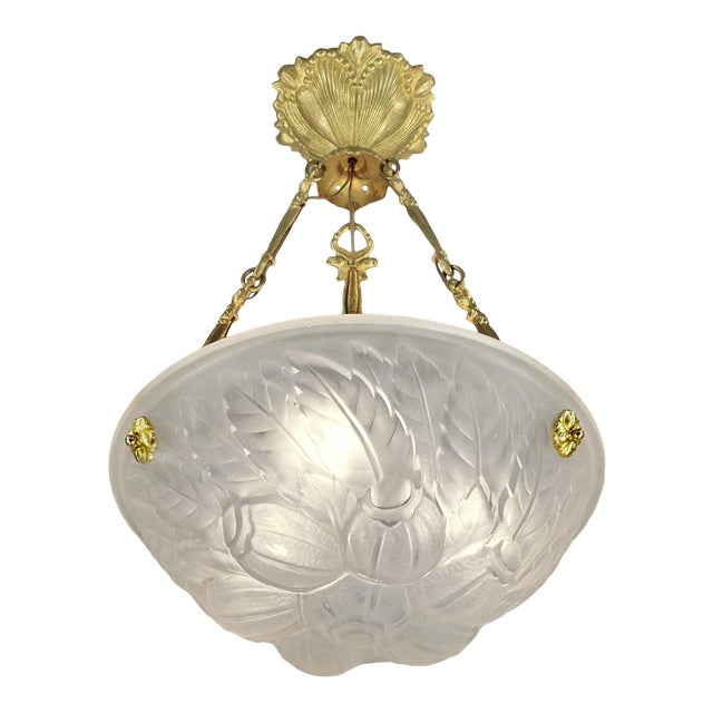 Noverdy Vosges French Art Deco Pendant Chandelier 1920s - Frosted Glass & Bronze For Sale
