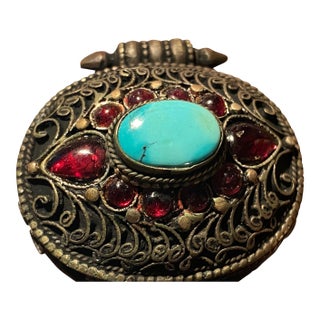 Tibetan Ghau Amulet Box | Turquoise & Raspberry Garnet Filigree For Sale