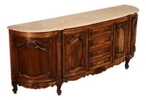French Louis XV Style 106" Long Marble Top Walnut Sideboard