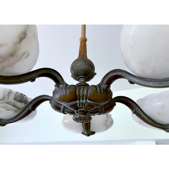 Large Art Deco Alabaster and Bronze Chandelier, 1930s For Sale - Image 12 of 18