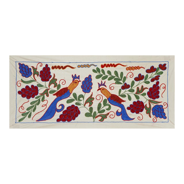 Uzbek Suzani Embroidery | Colorful Bird & Floral Motif Wall Tapestry Art 1'4'' X 3'1'' For Sale