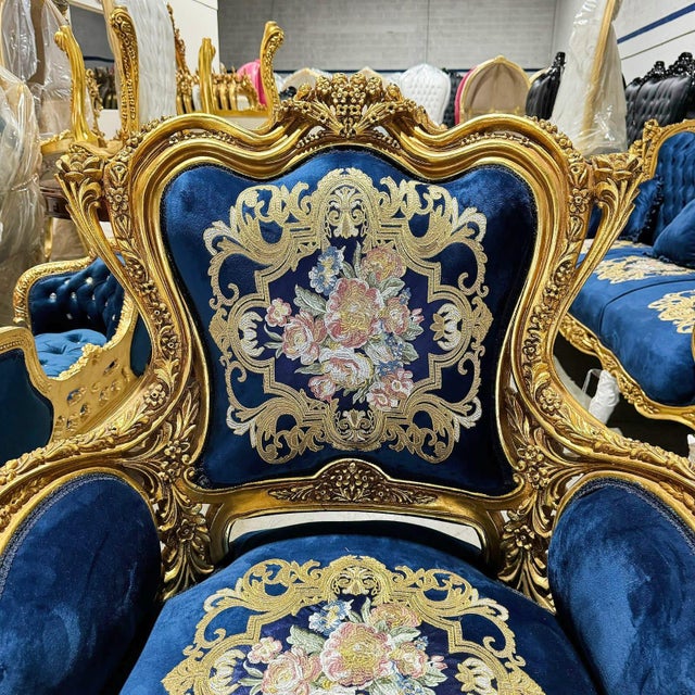 2010s Blue Bergère Wing Chair – French Style Armchair With Gold Leaf Details For Sale - Image 5 of 8