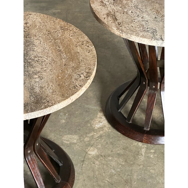 Dunbar Furniture 1950s Edward Wormley for Dunbar Sheaf of Wheat Tables, Travertine and Ash, a Pair For Sale - Image 4 of 12
