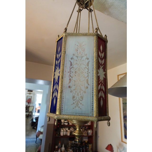 Superb and rare 19th-century pendant chandelier brass or guilloché bronze frame with pinnacles etched colored and opaque...