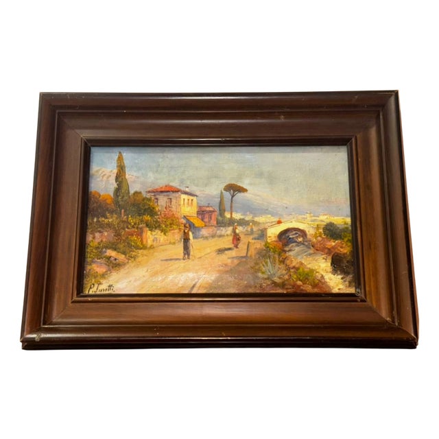 Pietro Toretti, Italian Countryside Road Scene, Oil on Canvas and Wood, Framed, Early 20th Century For Sale
