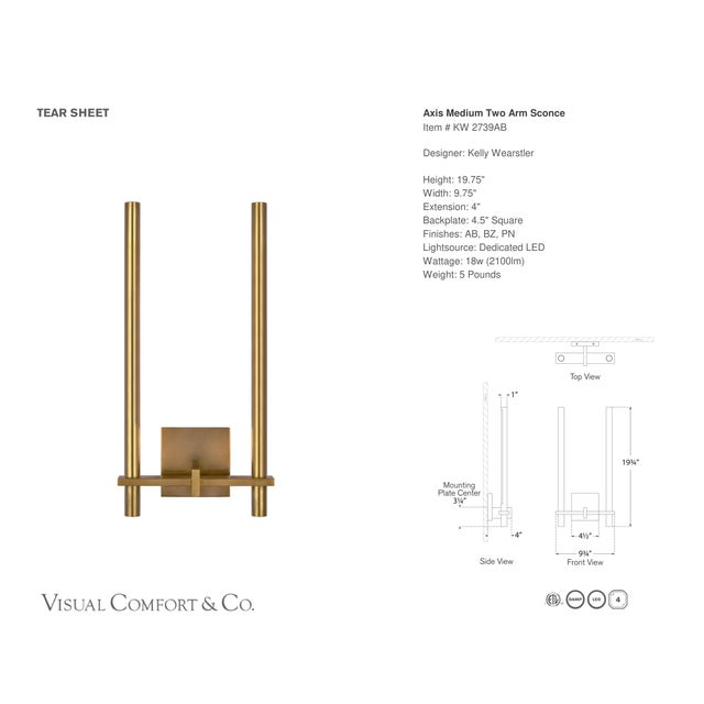 Modern Kelly Wearstler for Visual Comfort Signature Axis Medium Two Arm Sconce in Antique-Burnished Brass For Sale - Image 3 of 4