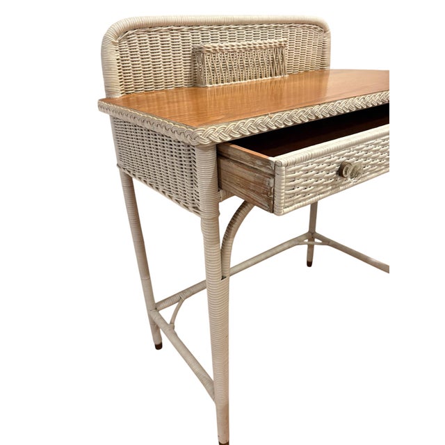 Shabby Chic Vintage Mid Century Wicker & Wood Top Writing Desk With Drawer For Sale - Image 3 of 8