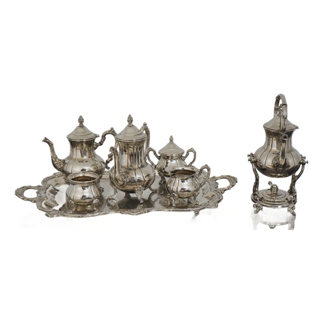 1980s Outstanding 7 Piece Silverplate Tea Set W. Kettle on Stand For Sale